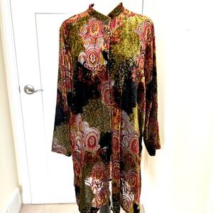Coldwater Creek Velvet Burnout Duster Black/Red/Chartreuse Sz XL